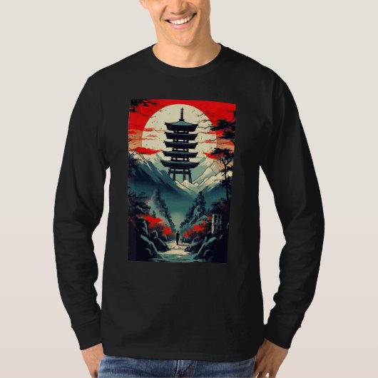 Japanese Landscape Mountains Valley Tower Sunset T-shirt (Voorkant)