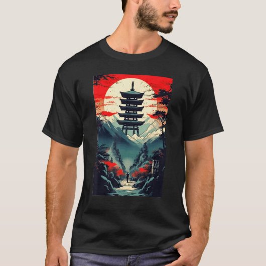 Japanese Landscape Mountains Valley Tower Sunset T-shirt (Voorkant)