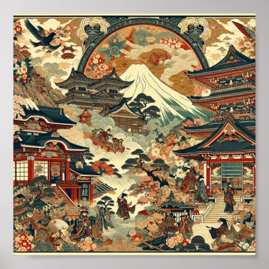 Japanese Landscape Mt Fuji Temples Cherry Blossoms Poster (Voorkant)
