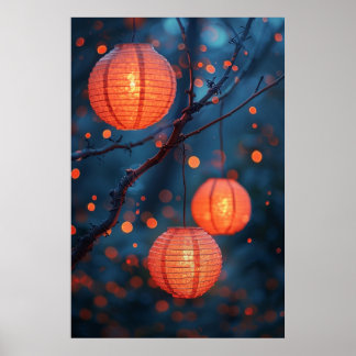  Japanese Lanterns at Night – Warm Watercolor Art Poster