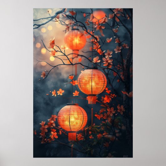 Japanese Lanterns at Night – Warm Watercolor Art Poster (Voorkant)