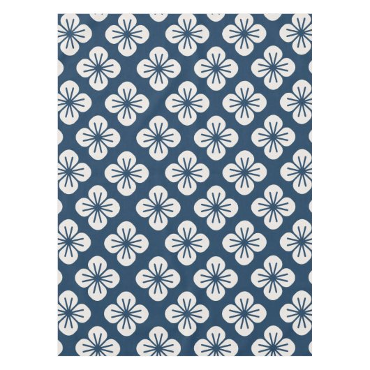 Japanese Navy Blue Ivory Floral Geometric Pattern Tafelkleed (Voorkant)