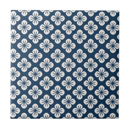 Japanese Navy Blue Ivory Floral Geometric Pattern Tegeltje (Voorkant)