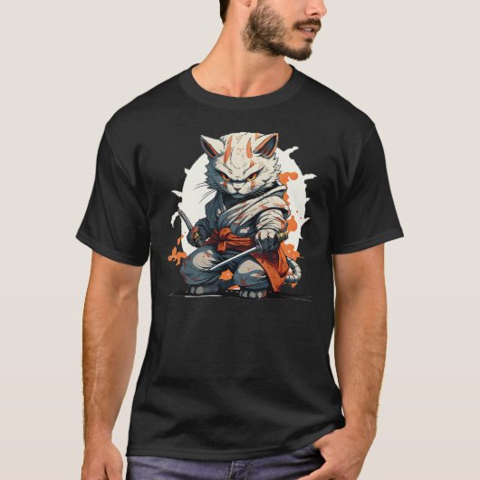 Japanese Ninja Cat Warrior Battle Pose Kawaii T-shirt (Voorkant)