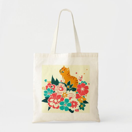 Japanese old scool cat and flowers tote bag (Voorkant)