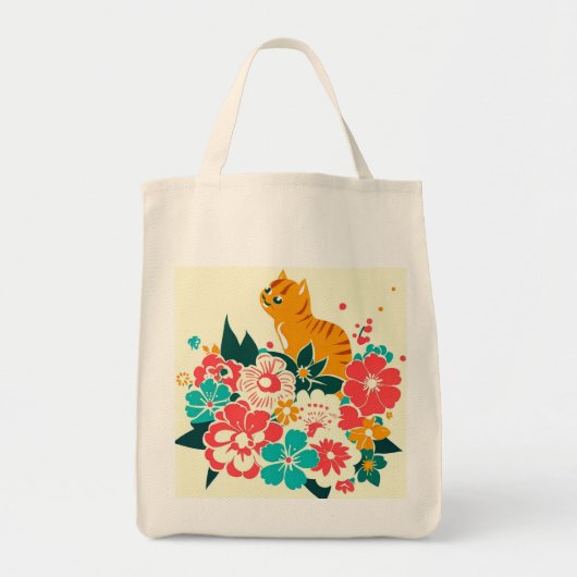 Japanese old scool cat and flowers tote bag (Voorkant)