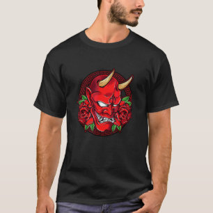 Japanese Oni Demon Mask Horned Devil Head With Ros T-shirt