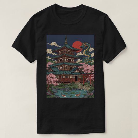 Japanese Pagoda Dragon Sunset T-shirt (Design voorkant)