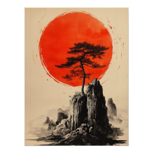 Japanese Pine Tree & Red Sun | Minimalist Zen Art Perfect Poster (Voorkant)