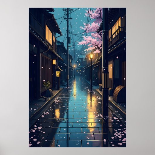 Japanese Rainy Cozy Cherry Blossom Street Anime Poster (Voorkant)