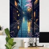 Japanese Rainy Cozy Cherry Blossom Street Anime Poster (Thuiskantoor)