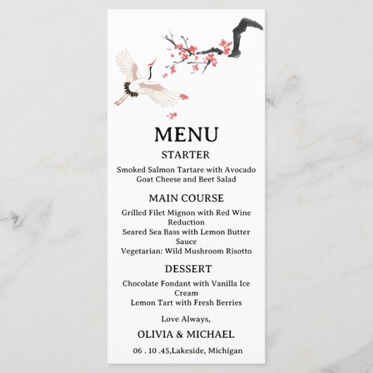 Japanese Red-Crowned Crane Wedding Menu Card  (Voorkant)