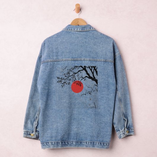 Japanese Red Sun & Brush Tree Art Denim Jacket (Hangar)
