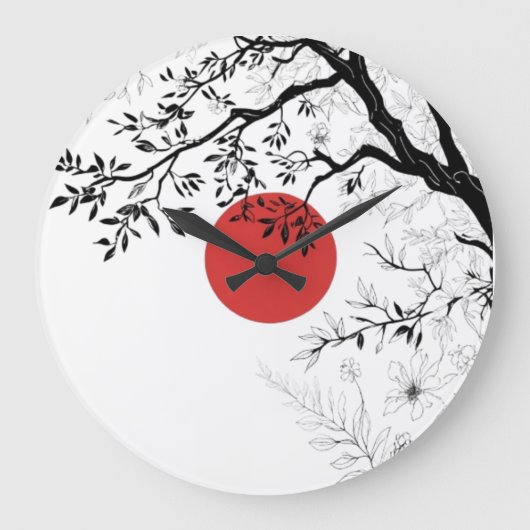 Japanese Red Sun & Brush Tree Art Grote Klok (Voorkant)