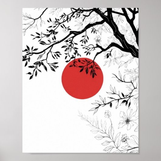 Japanese Red Sun & Brush Tree Art Poster (Voorkant)
