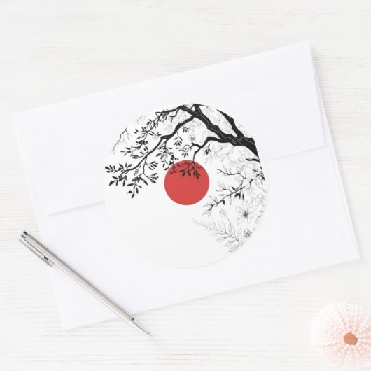 Japanese Red Sun & Brush Tree Art Ronde Sticker (Envelop)