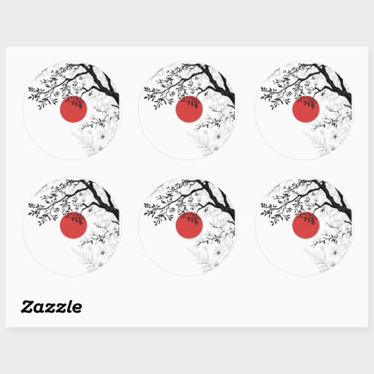 Japanese Red Sun & Brush Tree Art Ronde Sticker (Vel)