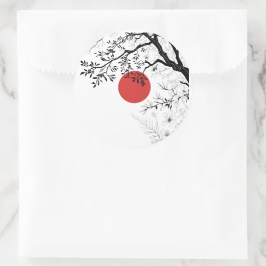Japanese Red Sun & Brush Tree Art Ronde Sticker (Tas)