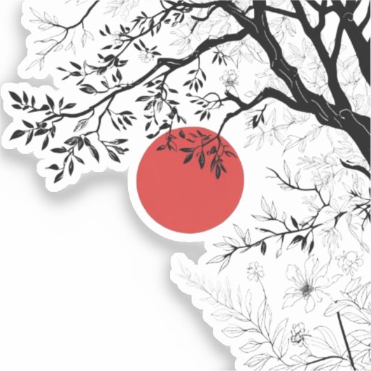 Japanese Red Sun & Brush Tree Art Sticker (Voorkant)