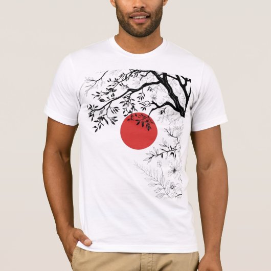Japanese Red Sun & Brush Tree Art T-shirt (Voorkant)