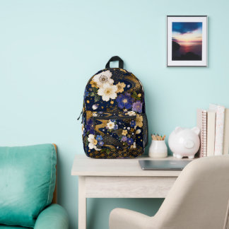 Japanese Sakura Floral Navy Gold Backpack Bedrukte Rugzak