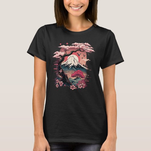 Japanese Sakura Garden Geisha Mount Fuji Cherry Bl T-shirt (Voorkant)