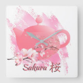 Japanese Sakura Teapot Wall Clock Vierkante Klok (Voorkant)