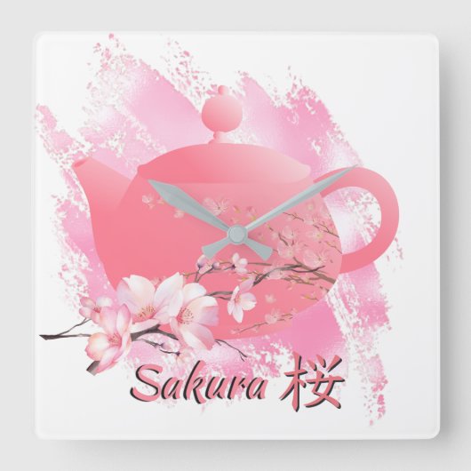 Japanese Sakura Teapot Wall Clock  Vierkante Klok (Voorkant)