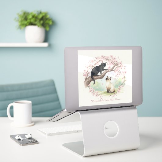 Japanese Sakura & Zen Cats Watercolor  Sticker (Laptop op bureau)