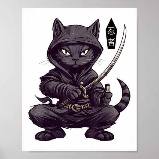 Japanese Samurai Black Cat Tattoo, Kawaii Ninja Bl Poster (Voorkant)