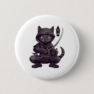 Japanese Samurai Black Cat Tattoo, Kawaii Ninja Bl Ronde Button 5,7 Cm