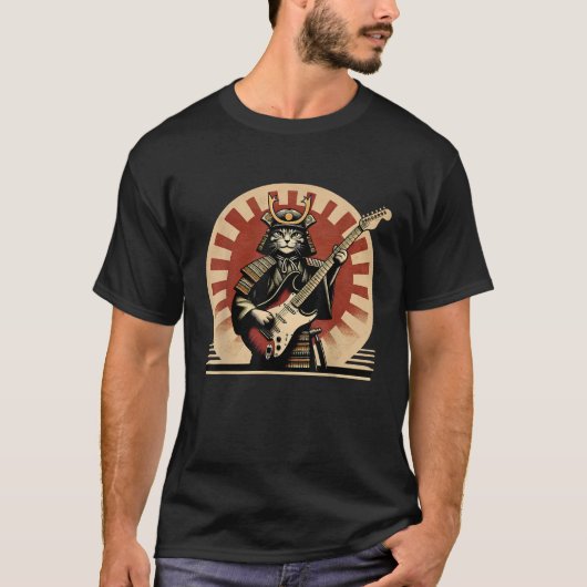 Japanese Samurai Cat Playing Electric Guitar Retro T-shirt (Voorkant)