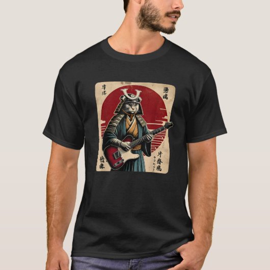 Japanese Samurai Cat Playing Electric Guitar Retro T-shirt (Voorkant)
