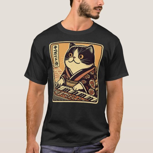 Japanese Samurai Cat Playing The Keyboard T-shirt (Voorkant)