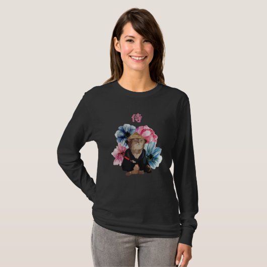 Japanese Samurai Cat Watercolor Flowers T-shirt (Voorkant volledig)
