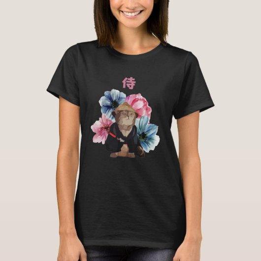 Japanese Samurai Cat Watercolor Flowers T-shirt (Voorkant)