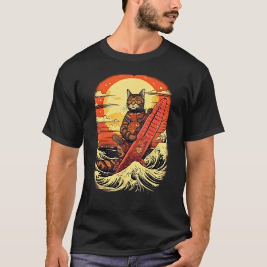 Japanese Samurai Cat with wave & mountain Illustra T-shirt (Voorkant)