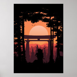 Japanese Samurai In Sunset Poster