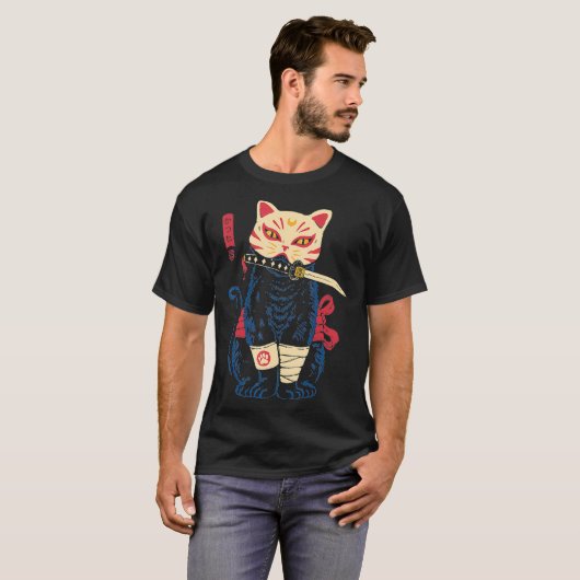 Japanese Samurai Ninja Cat Kitsune funny quotes  T-shirt (Voorkant volledig)