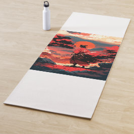 Japanese samurai warrior and retro sunset yogamat