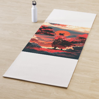 Japanese samurai warrior and retro sunset yogamat