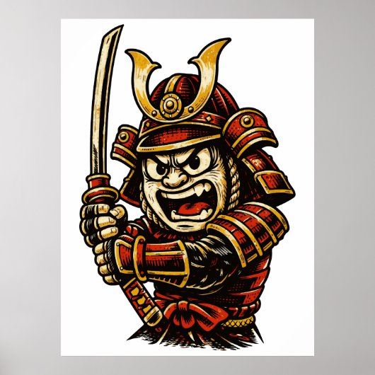 Japanese Samurai Warrior Red Armor Cartoon Art Poster (Voorkant)
