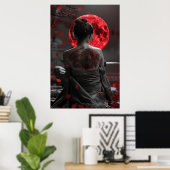 Japanese samurai woman with tattoo under full moon poster (Thuiskantoor)