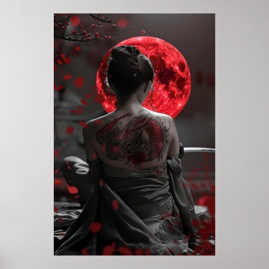 Japanese samurai woman with tattoo under full moon poster (Voorkant)