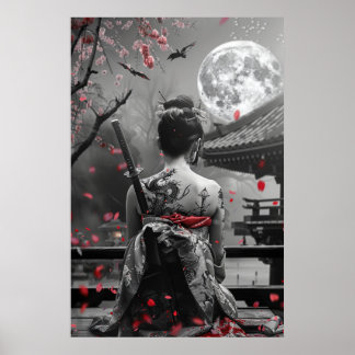 Japanese samurai woman with tattoo under full moon poster