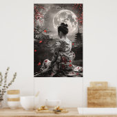 Japanese samurai woman with tattoo under full moon poster (Keuken)