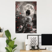 Japanese samurai woman with tattoo under full moon poster (Thuiskantoor)