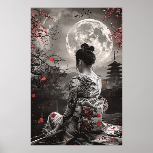 Japanese samurai woman with tattoo under full moon poster (Voorkant)