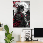 Japanese samurai woman with tattoo under full moon poster (Thuiskantoor)