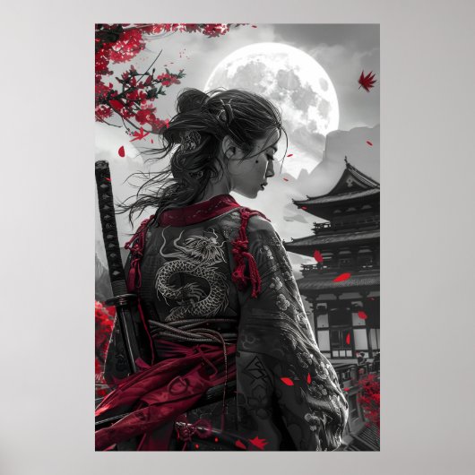 Japanese samurai woman with tattoo under full moon poster (Voorkant)